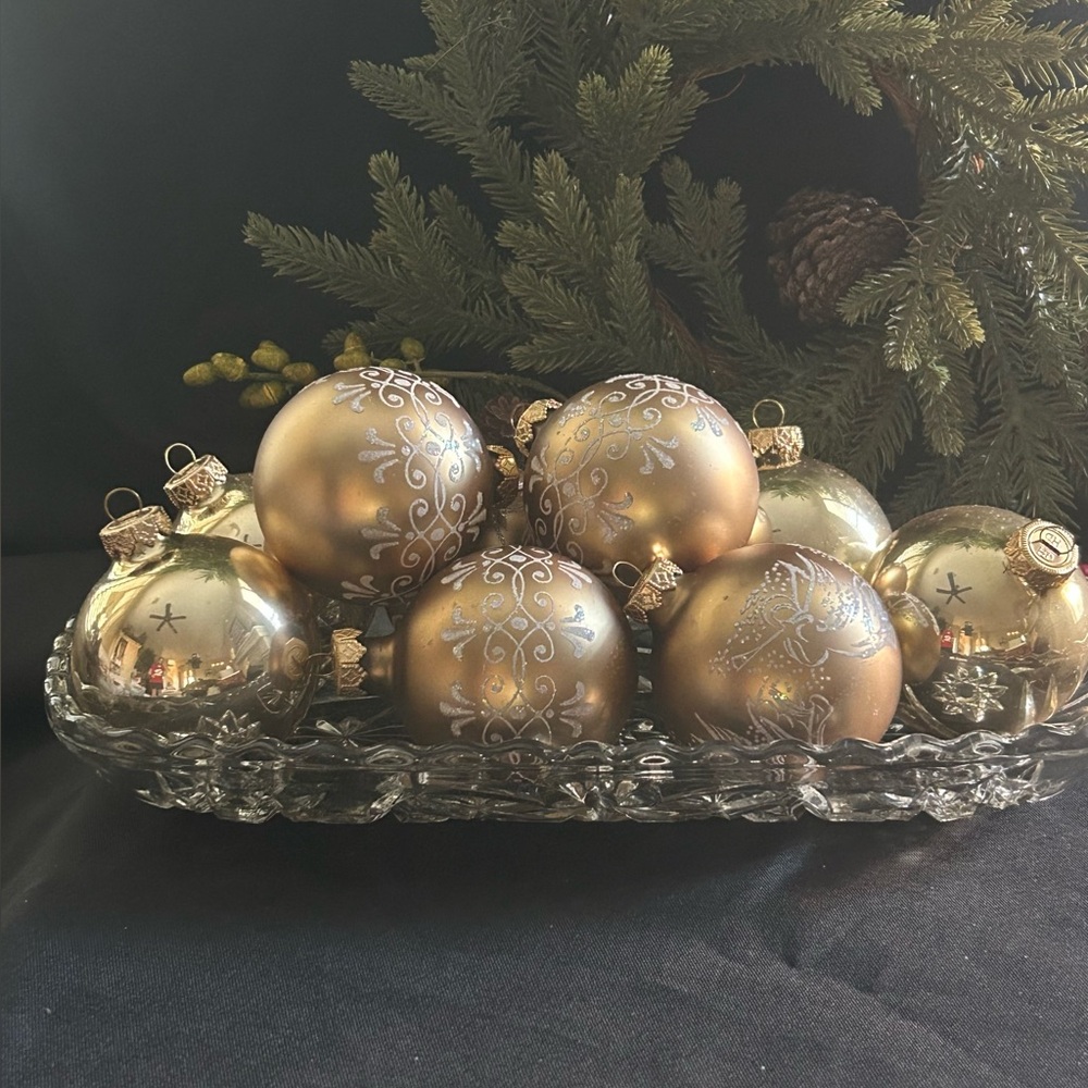 9 Gold Vintage Glass blown round ornaments made in USA Christmas gold ornaments